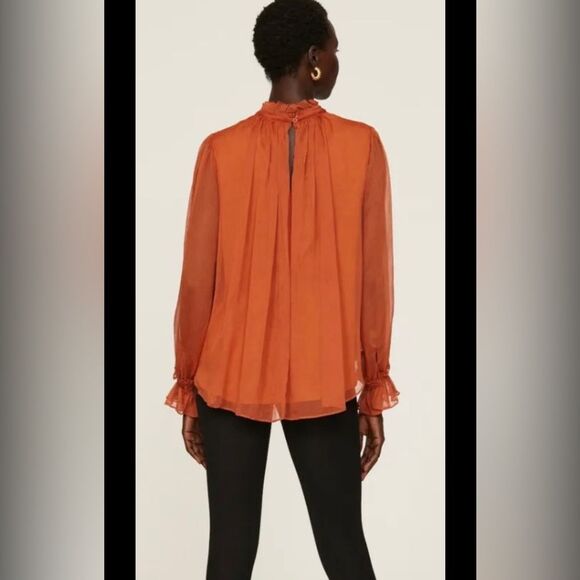 Adam Lippes Orange Cuffed Sleeve Blouse with Mandarin Collar, US0 - Picture 3 of 16